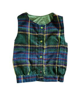 Vintage Green Plaid Button-Up Vest With Elastic Hem Sleeveless Retro Style